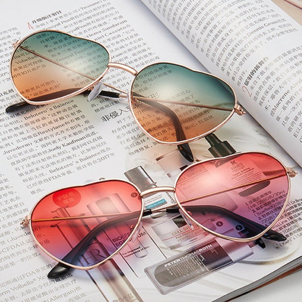 TEMP OUT OF STOCK Heart Shaped UV400 Blue & Pink Sunglasses Gold Metal Rim - Picture 3 of 14